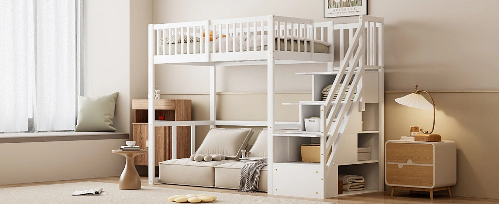DESMIU Letto a soppalco 90 × 200 cm 1 posto con scala contenitore e scrivania, senza materasso, bianco