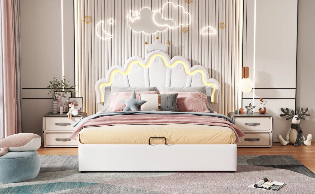 DESMIU Letto contenitore 140 × 200 cm 2 posti con LED regolabile e vano idraulico, senza materasso, PU bianco