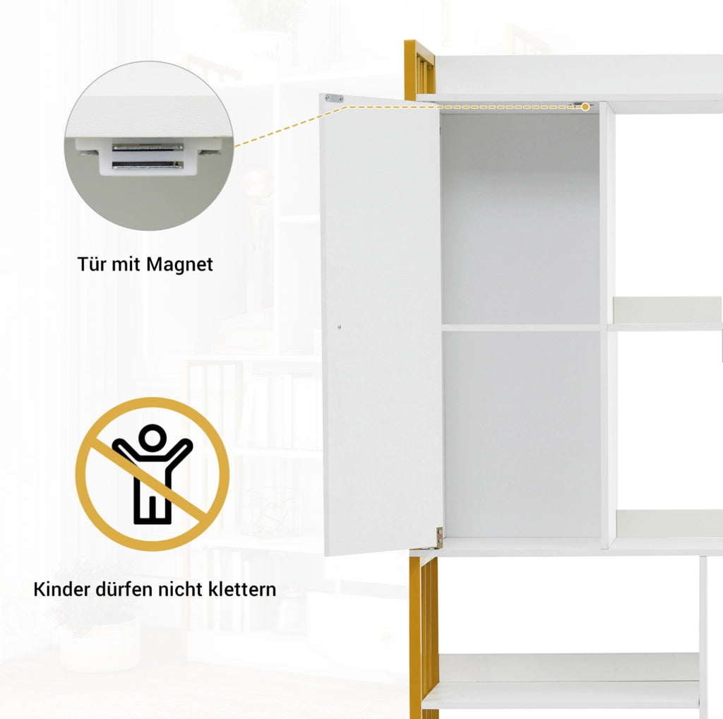 Libreria a 6 ripiani con ante e cassetti; 100 x 30 x 173;5 cm; truciolare bianco e oro