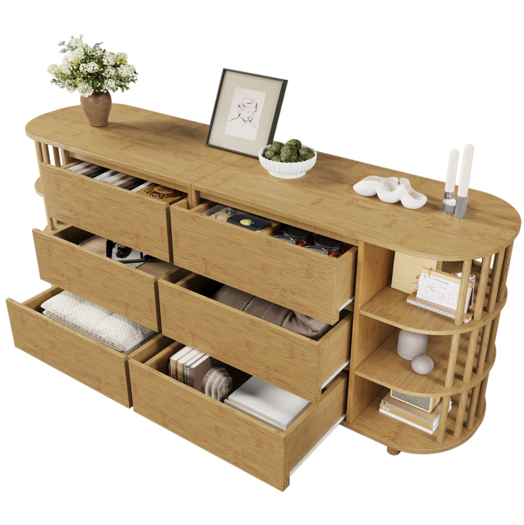 Credenza 160x40x75 cm con 6 cassetti e ripiani laterali in MDF e bambù; naturale