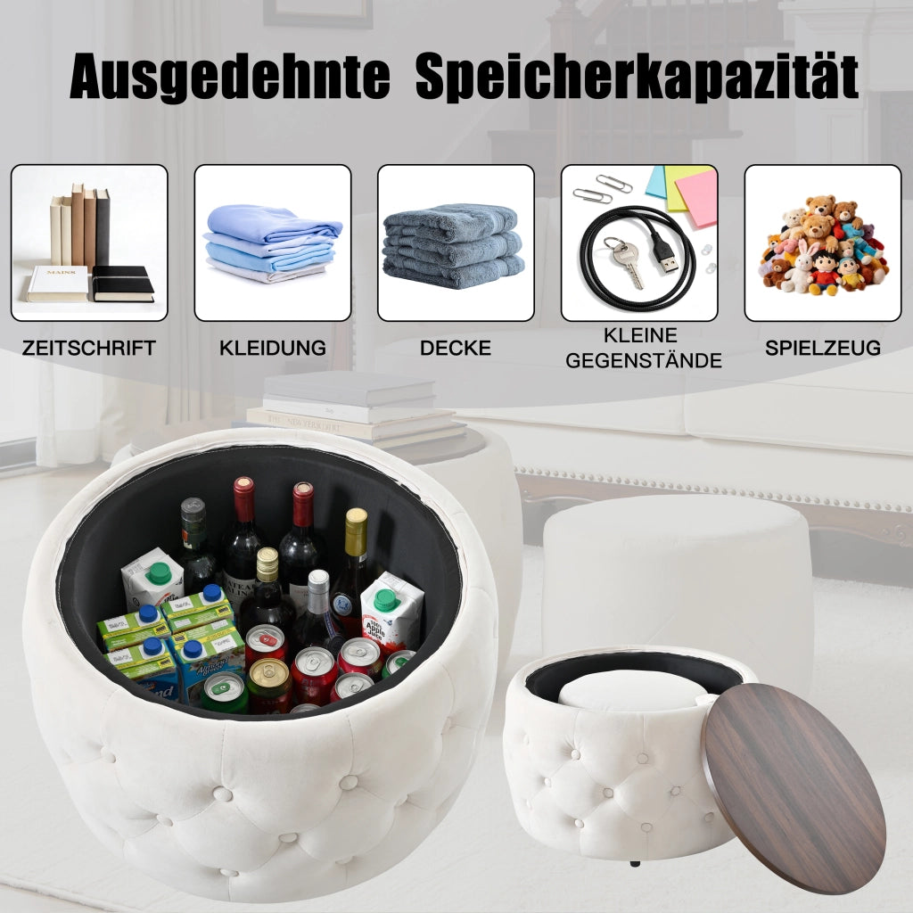 Pouf contenitore 2 pezzi salvaspazio 4 in 1 con vassoio rimovibile e vano interno in velluto beige 59,6 × 59,6 × 38 cm