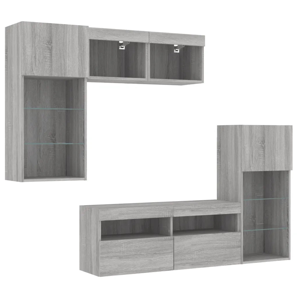 vidaXL Mobili TV a Muro con LED 5pz Grigio Sonoma in Legno Multistrato