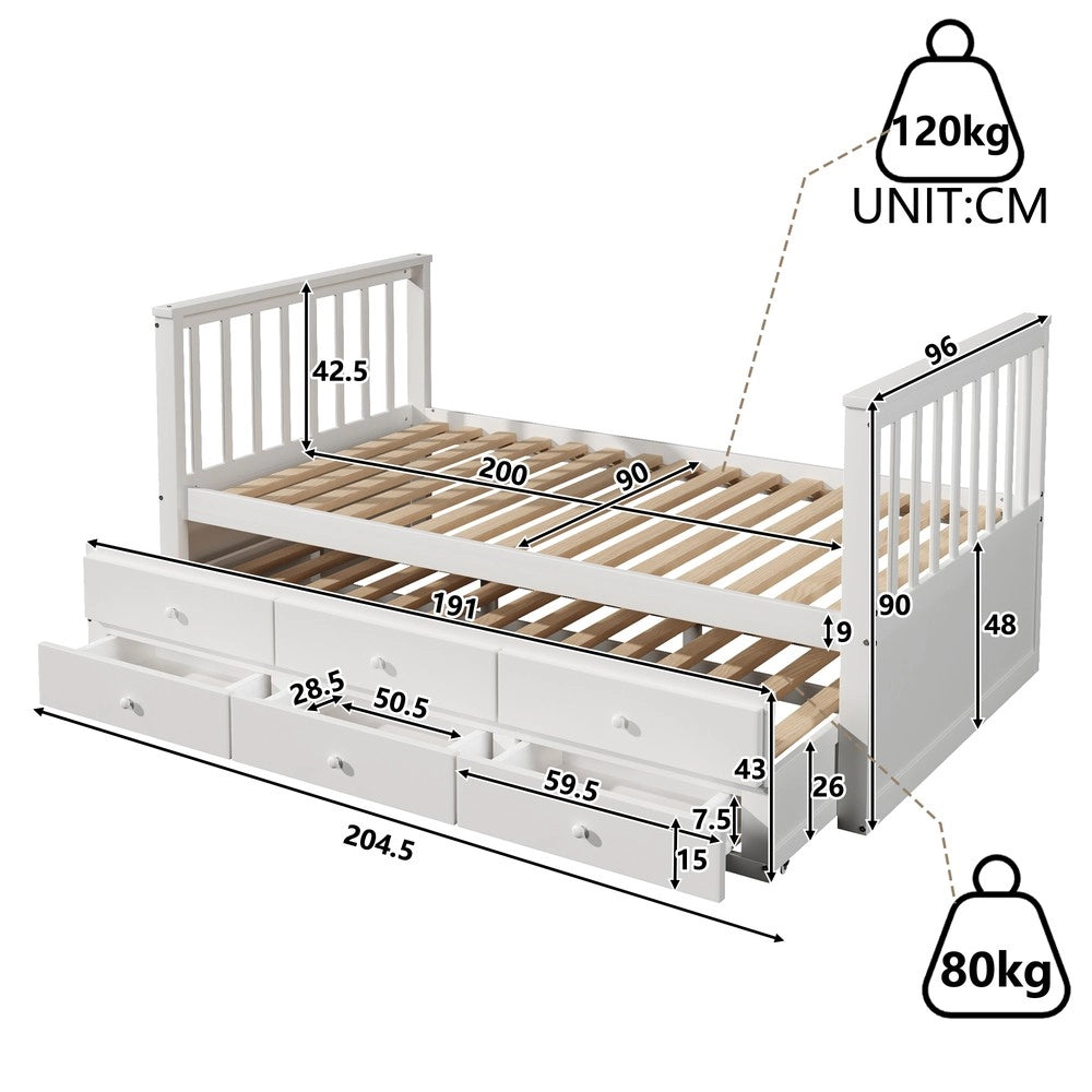 Letto Singolo con Cassetti in Legno Massello ¨C MINIMAL ¨C Bianco 90x200
