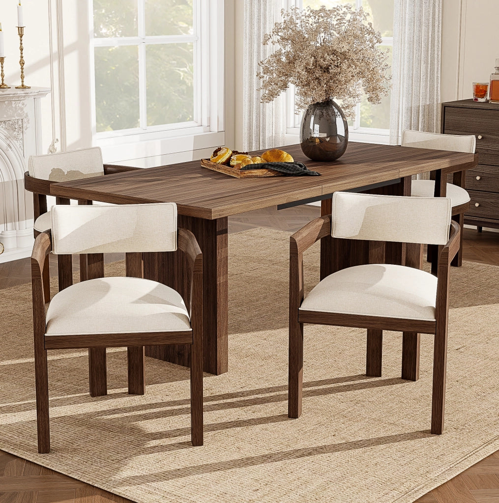 Set di 2 sedie da pranzo in legno massello con braccioli; rivestimento in lino; colore noce
