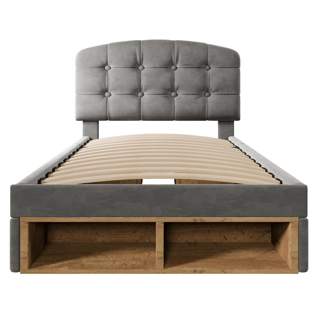 Letto singolo 90x200 cm con cassetti e vano contenitore; velluto grigio
