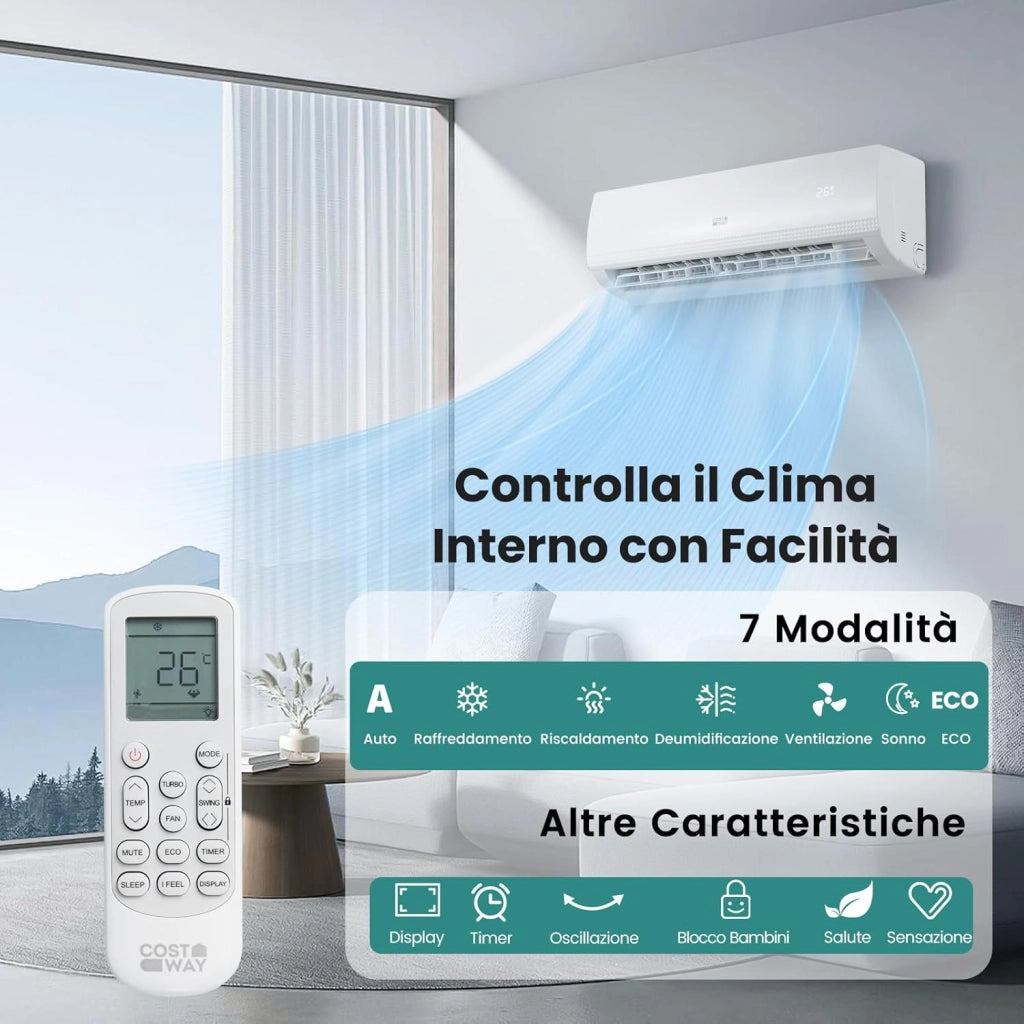 Climatizzatore Monosplit, Condizionatore Split con Pompa di Calore, Tecnologia Inverter, Flusso d’aria 4D con 8 Velocità, Funzione di Autopulizia e Timer di 24 ore (9000BTU, 2,6kW)