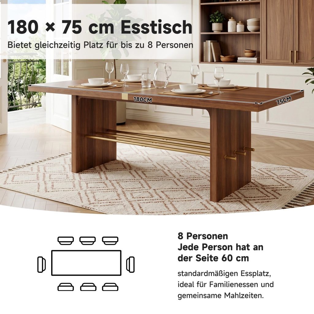 Tavolo da pranzo per 6-8 persone in MDF, piano spesso 4 cm, effetto noce e dettagli oro, per sala da pranzo, 180 × 75 cm