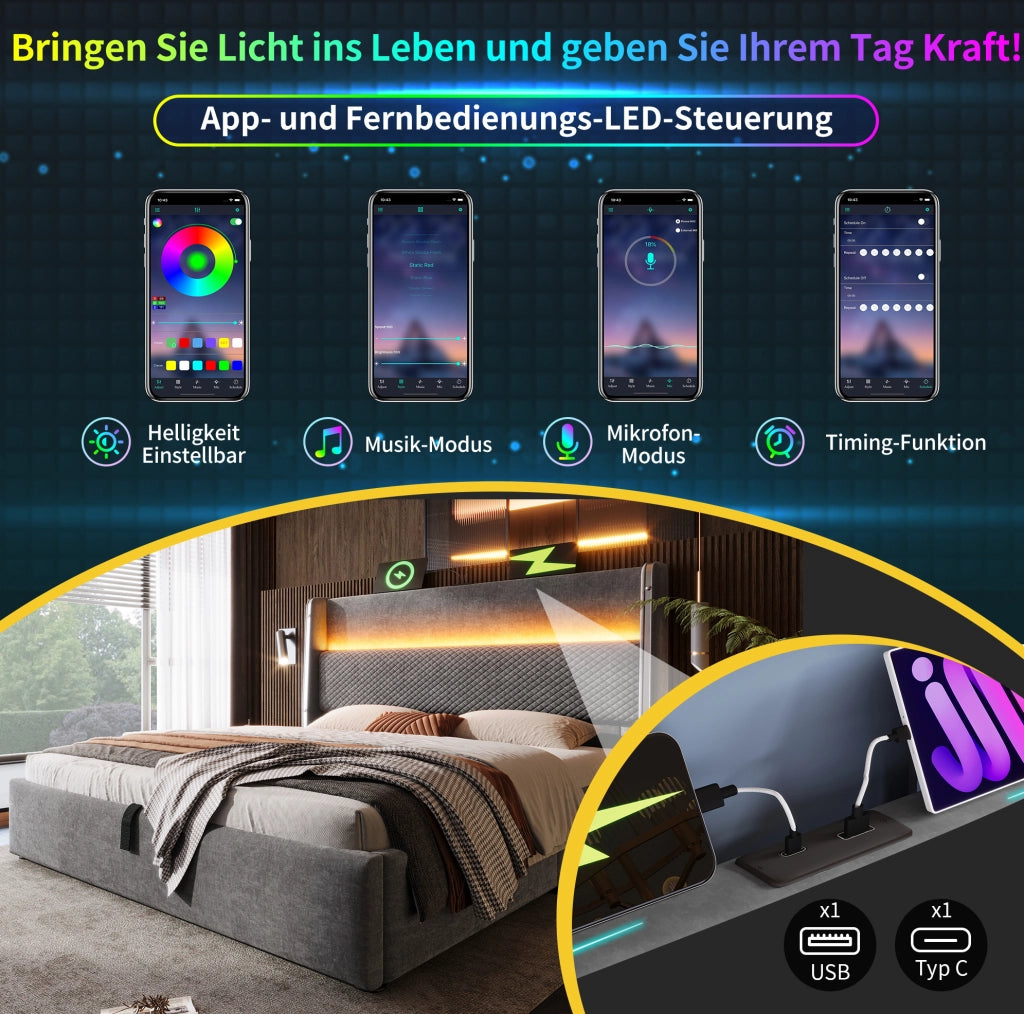 Letto idraulico con testiera alta, LED e porta USB/Type-C