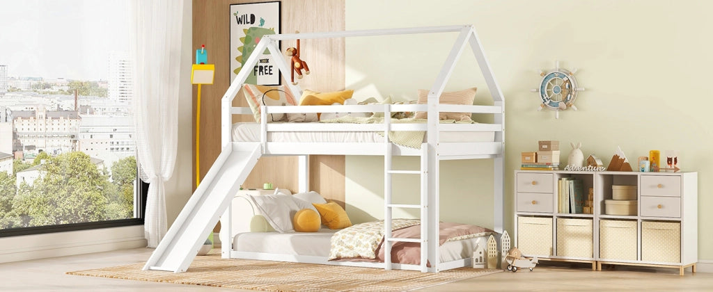DESMIU Letto a castello bambino 90 × 200 cm con scivolo e scala, senza materasso, in legno, bianco