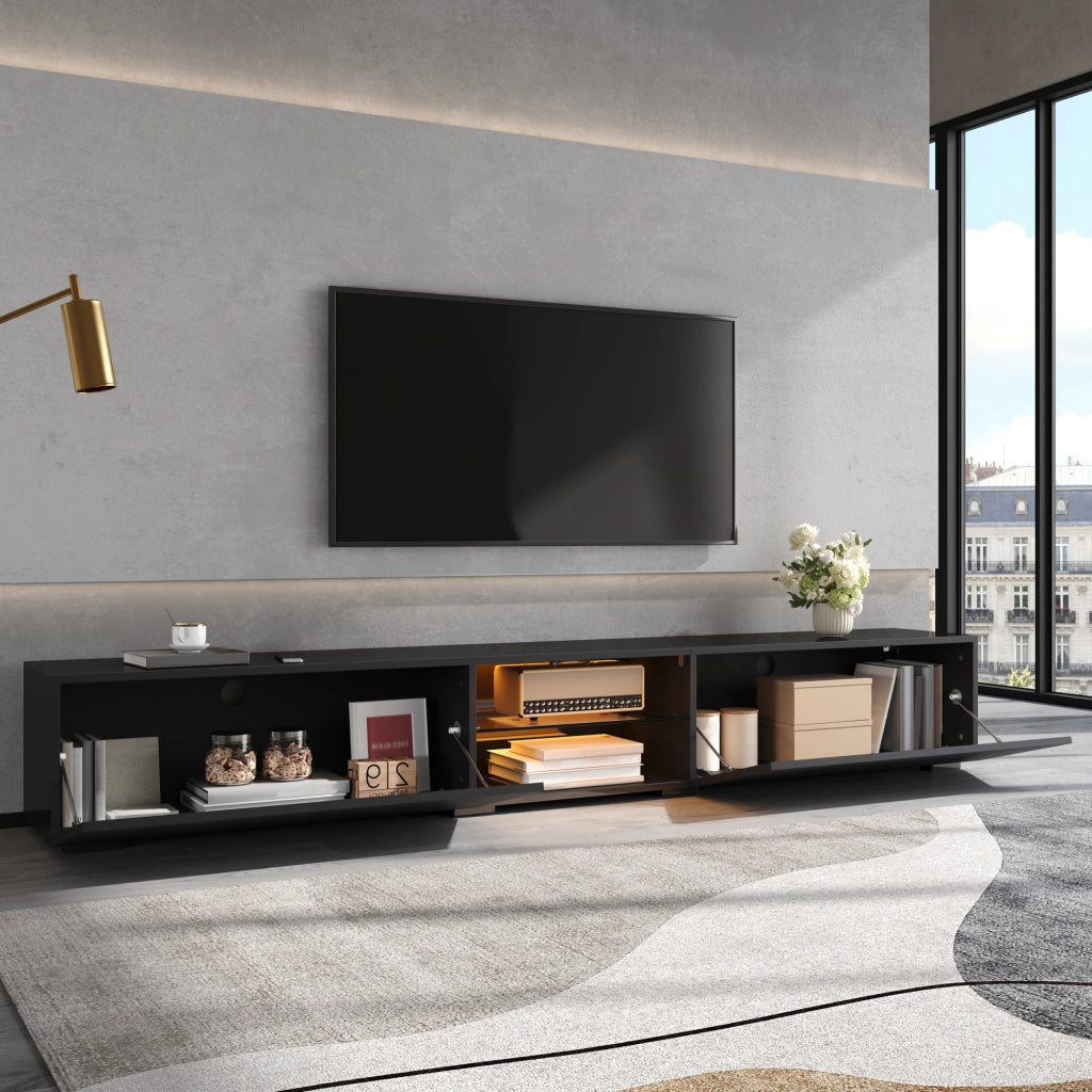 Mobile porta TV con LED e 2 ante a ribalta, vano aperto con ripiano trasparente e passacavi, nero, 200 × 30 × 30 cm