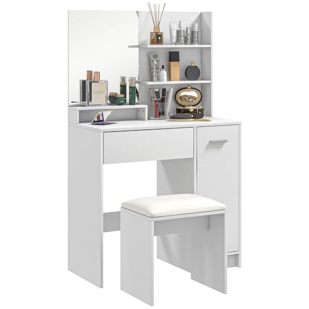 Cassettiera con Specchio e Sgabello ¨C Xylo ¨C Bianco Beige con Ripiani Aperti