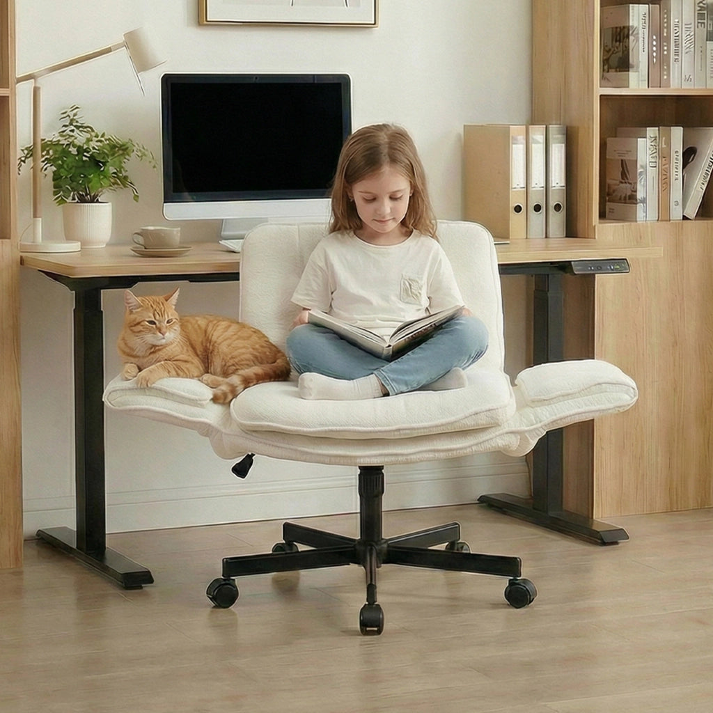 Sedia da ufficio girevole con braccioli regolabili a 5 livelli seduta in memory foam chenille bianca con ruote silenziose
