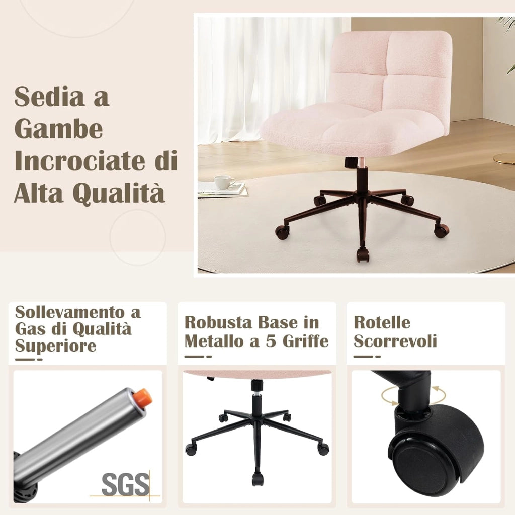 Sedia a Gambe Incrociate, Sedia da Ufficio con Ruote, con Seduta Riempita, Altezza Regolabile, Senza Braccioli, Portata 160 kg (Rosa)