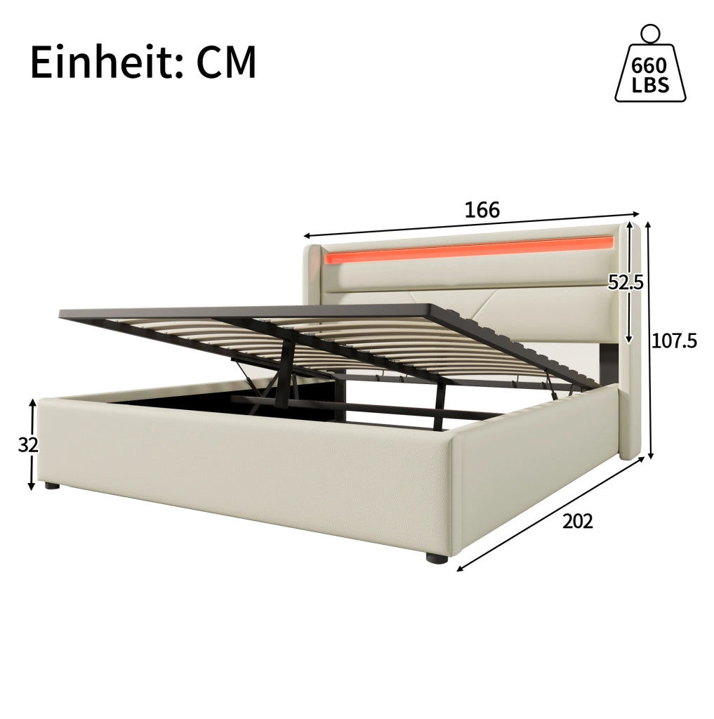 Letto contenitore imbottito con LED e sollevamento idraulico; 160x200 cm; PU bianco