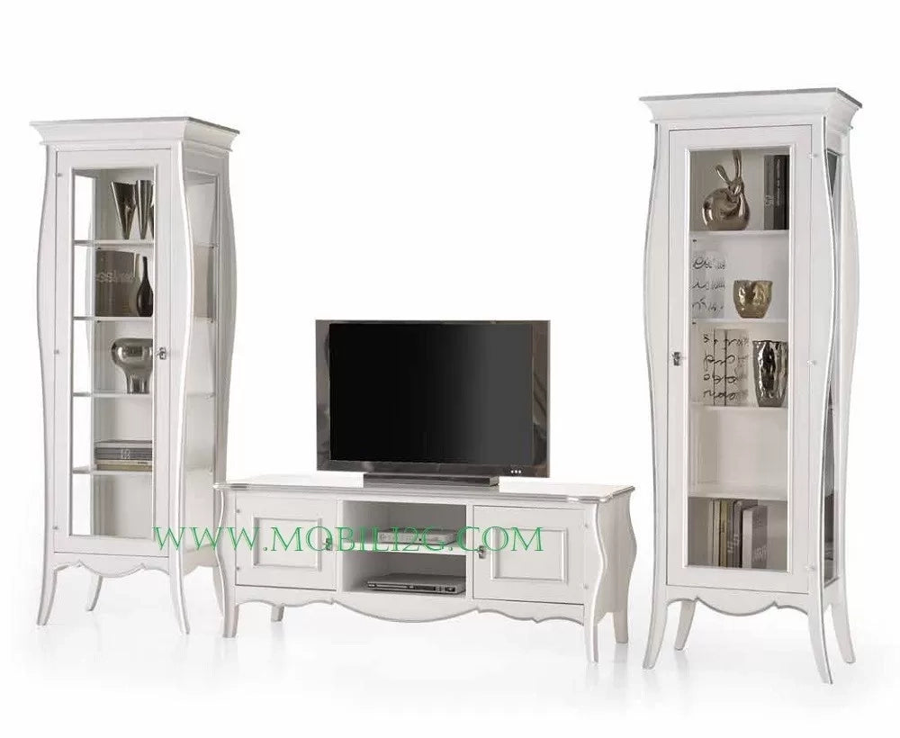 Vetrina in legno 1 porta shabby bianco profili foglia argento l.71 p.48 h.206 - Mobili 2G