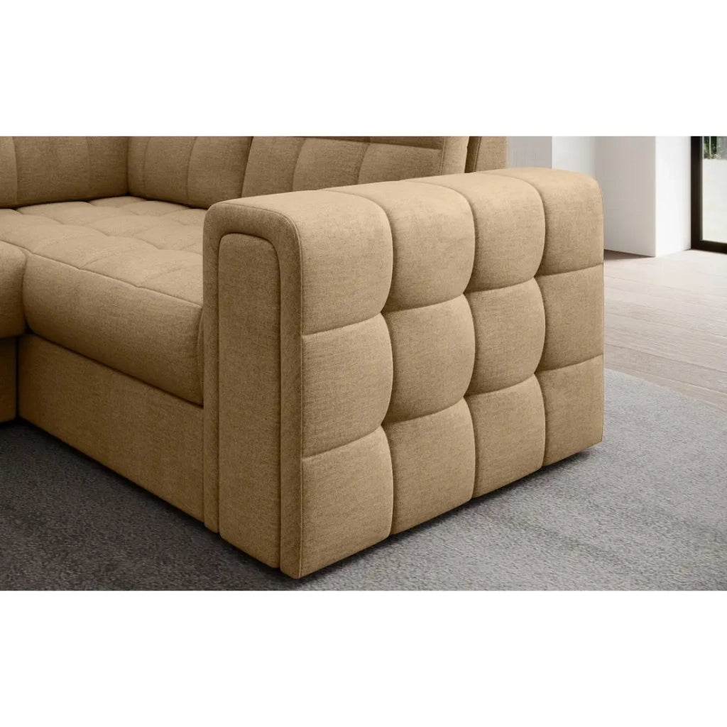Divano ad angolo convertibile MONTEZA marrone chiaro sinistro 299 cm con vano contenitore e letto