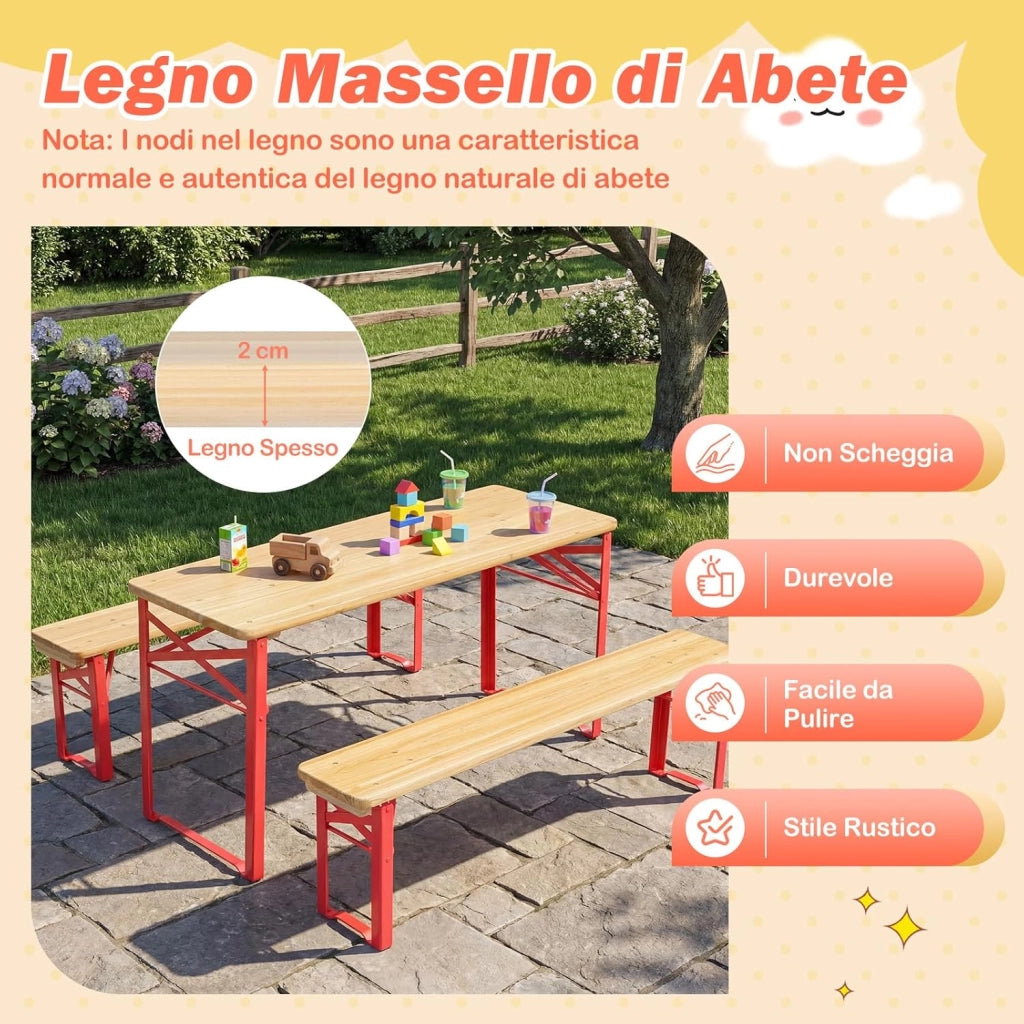 Set da Esterno 3 Pezzi per 4 Bambini, Tavolo da Picnic con 2 Panche in Legno Pieghevole, Robusta Struttura in Metallo, Facile da Riporre, Set da Giardino per Bambini 3-8 Anni per Patio