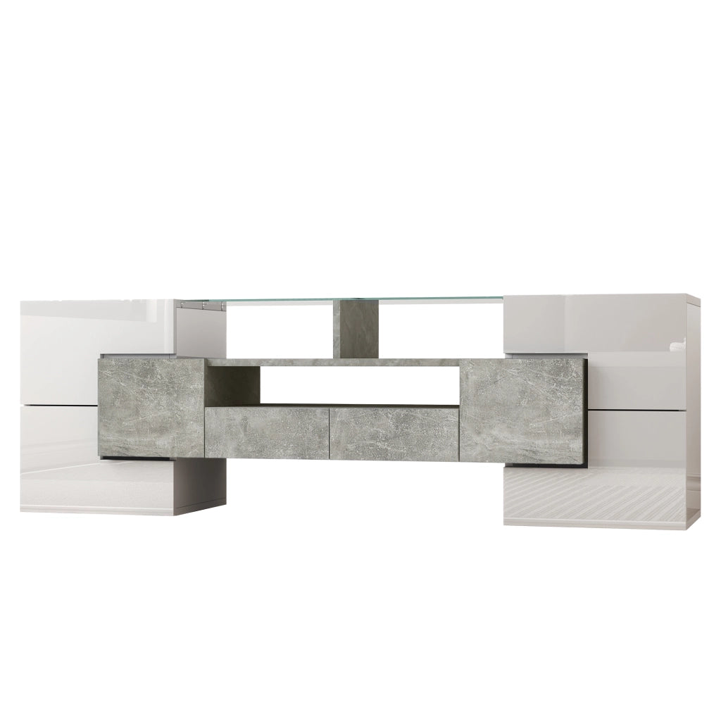 OKWISH Mobile TV con 6 Ante, 2 Cassetti, 3 Vani e LED, Finitura Lucida per Soggiorno, Bianco, 145x30x51 cm