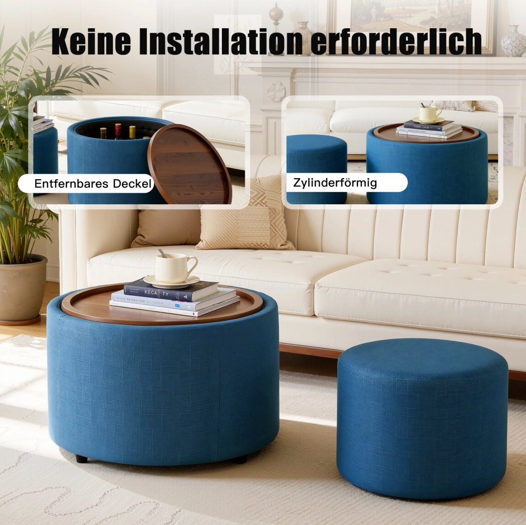 Set di 2 pouf contenitore blu con vassoio in legno