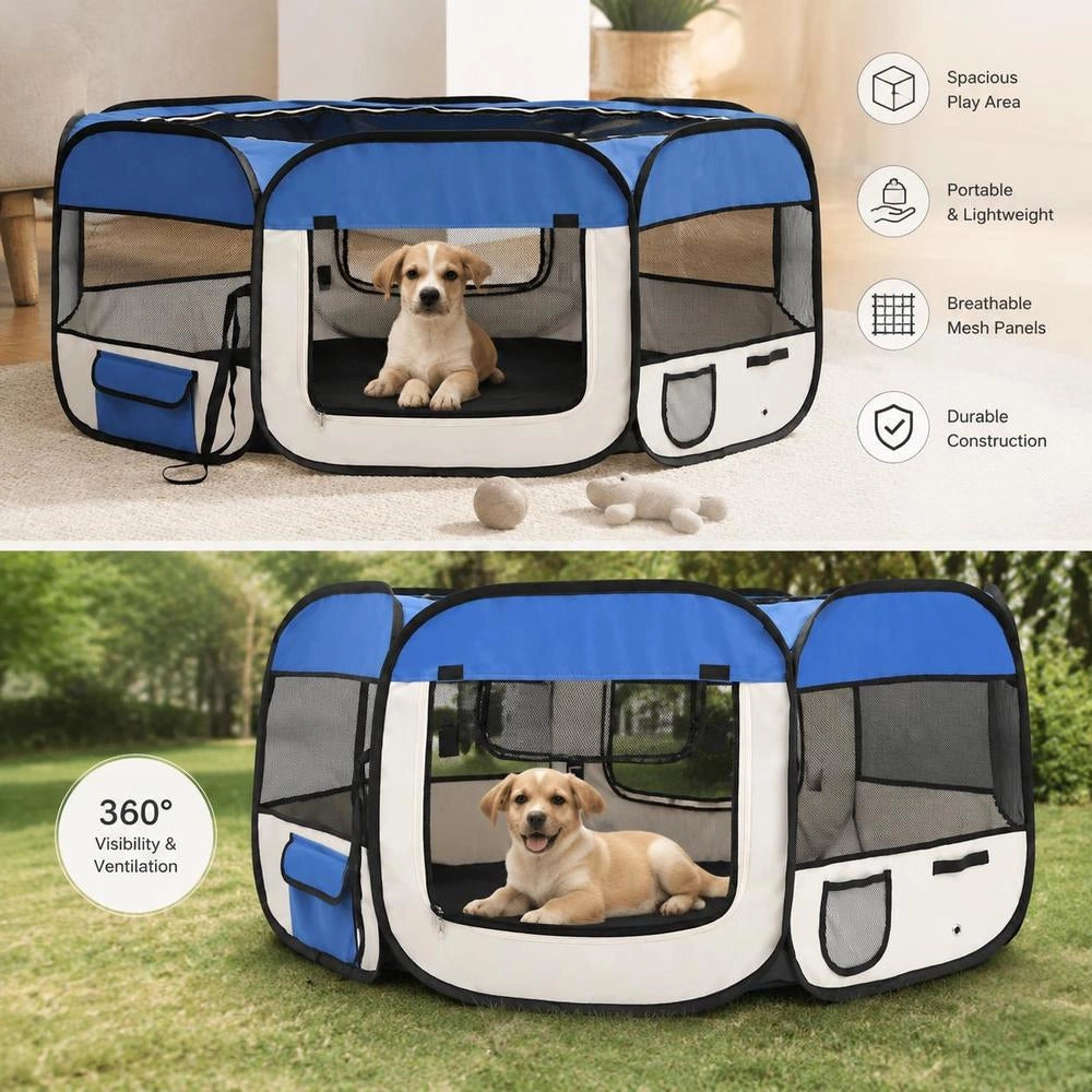 Foldable Puppy Playpen With Carrying Bag, Blue, 145x145x61 Cm