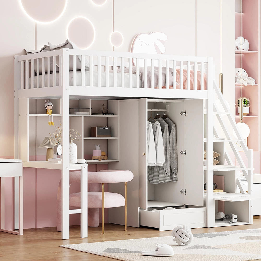 Letto a Soppalco Multifunzione – Xylo – 90x200cm, Legno Bianco, Grande Armadio, Scaffale, Tavolo, Scala, Ripostiglio