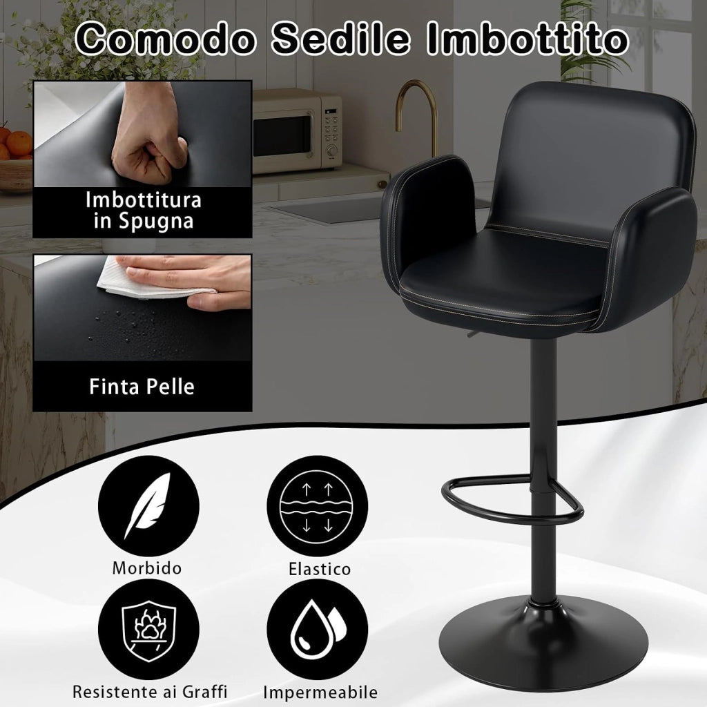 Sgabelli da Bar Girevoli in Pelle Finta con Altezza Regolabile | Set di 2 Sedie da Bar Moderne con Sedile Imbottito, Braccioli e Poggiapiedi per Sala da Pranzo, Cucina e Pub