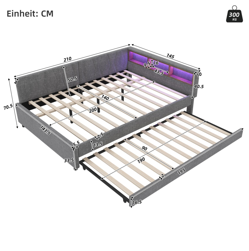 Letto estraibile 140x200 cm con LED multicolore; USB-C e vani in lino e MDF grigio