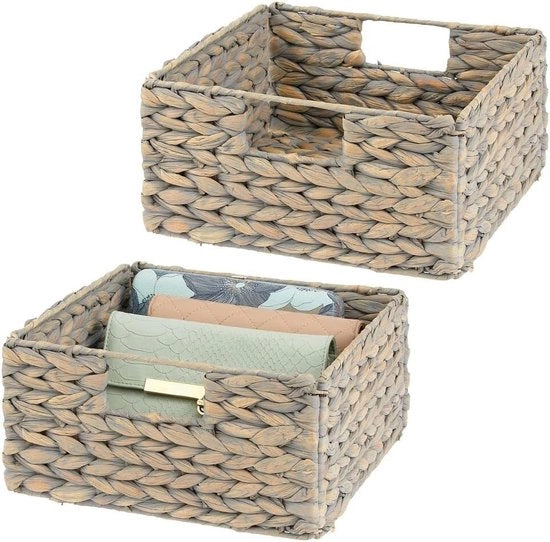 Set di 2 cassetti di stoccaggio - Scatola di paglia pieghevole in hyacint acquatico - Cassettone di legno per la conservazione ideale di abiti, giocattoli o riviste - con maniglie comode - Grigio