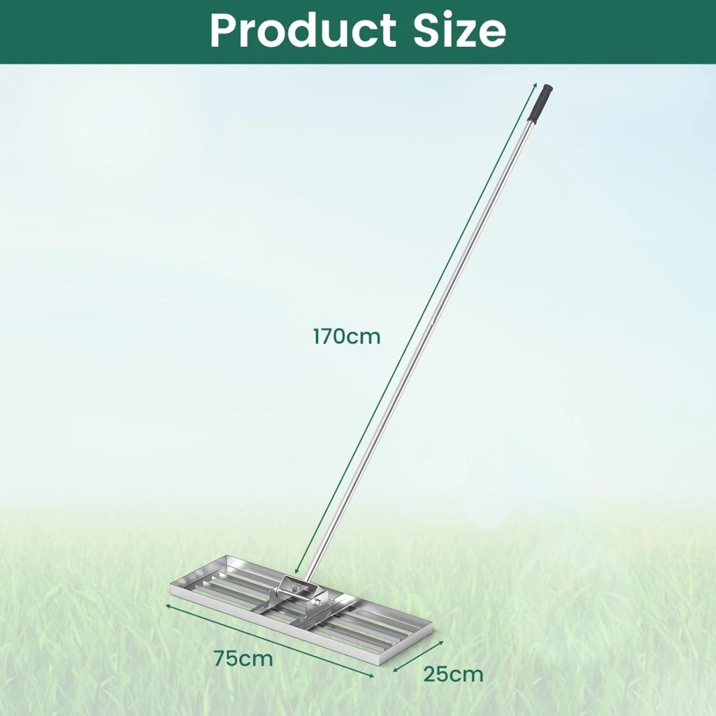 Rastrello Livellatore per Prato 170 cm, Raschietto Livellatore in Metallo Robusto con Manico Lungo e Spesso, Livellatrice per Terreno, Ghiaia, Orto ed Erbacce da Giardino (75 x 25 cm, Argento)