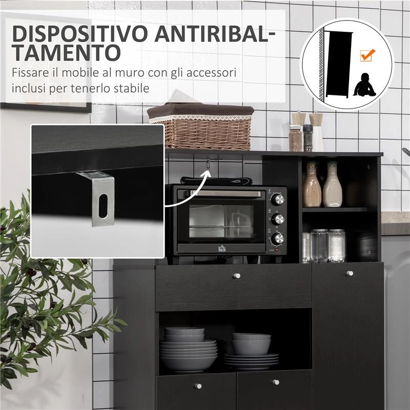 CREDENZA DA CUCINA IN LEGNO PER MICROONDE CON ARMADIETTI MENSOLE E CASSETTO 90X40X120 CM NERO