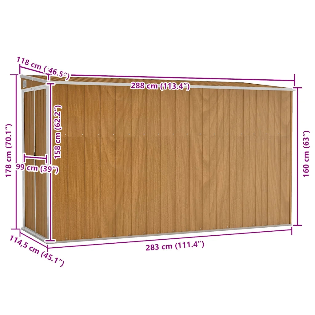 Capanno Giardino a Parete Marrone 118x288x178cm Acciaio Zincato