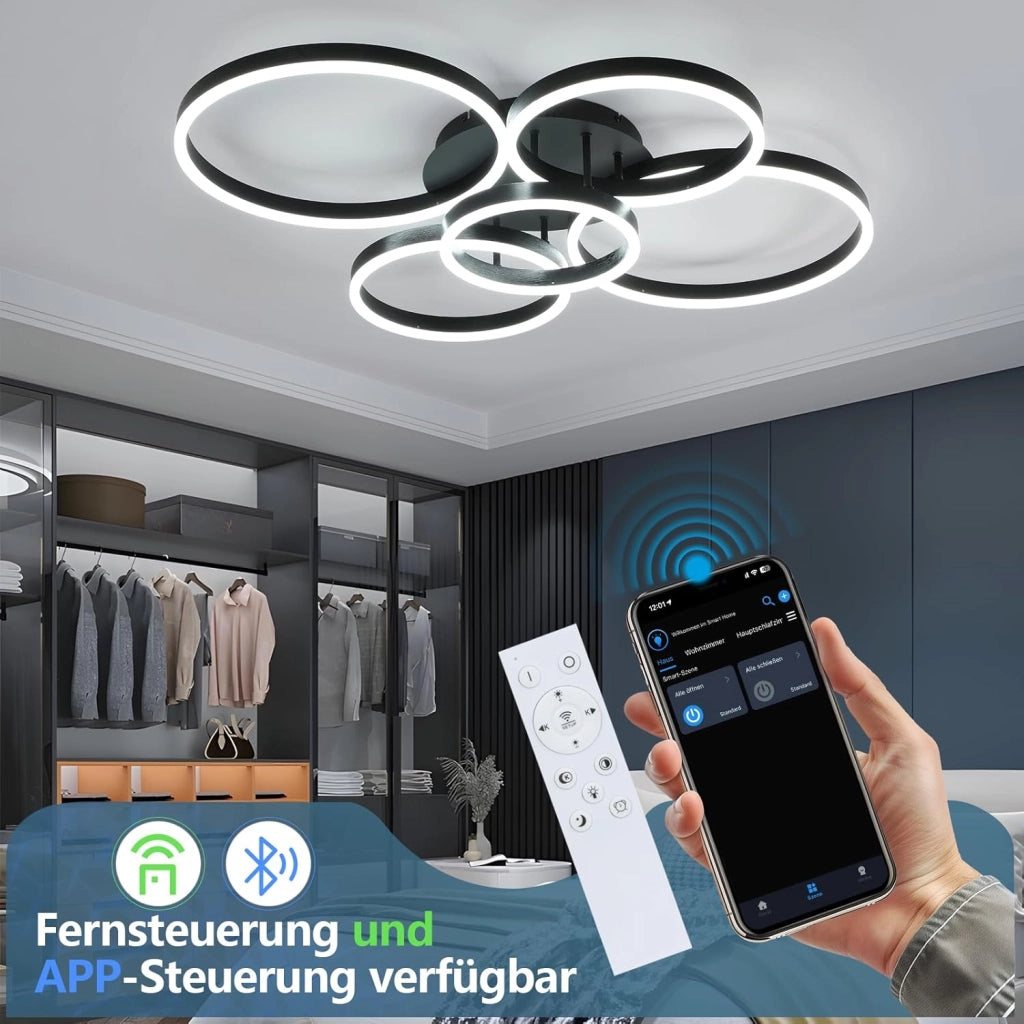 ZMH Lampada da soffitto plafoniera LED 78W nera dimmerabile telecomando 5 anelli per soggiorno camera letto