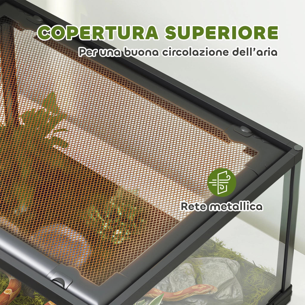 Rettilario Rialzato 60x45x32 cm con Doppia Serratura e Pareti in Vetro Nero