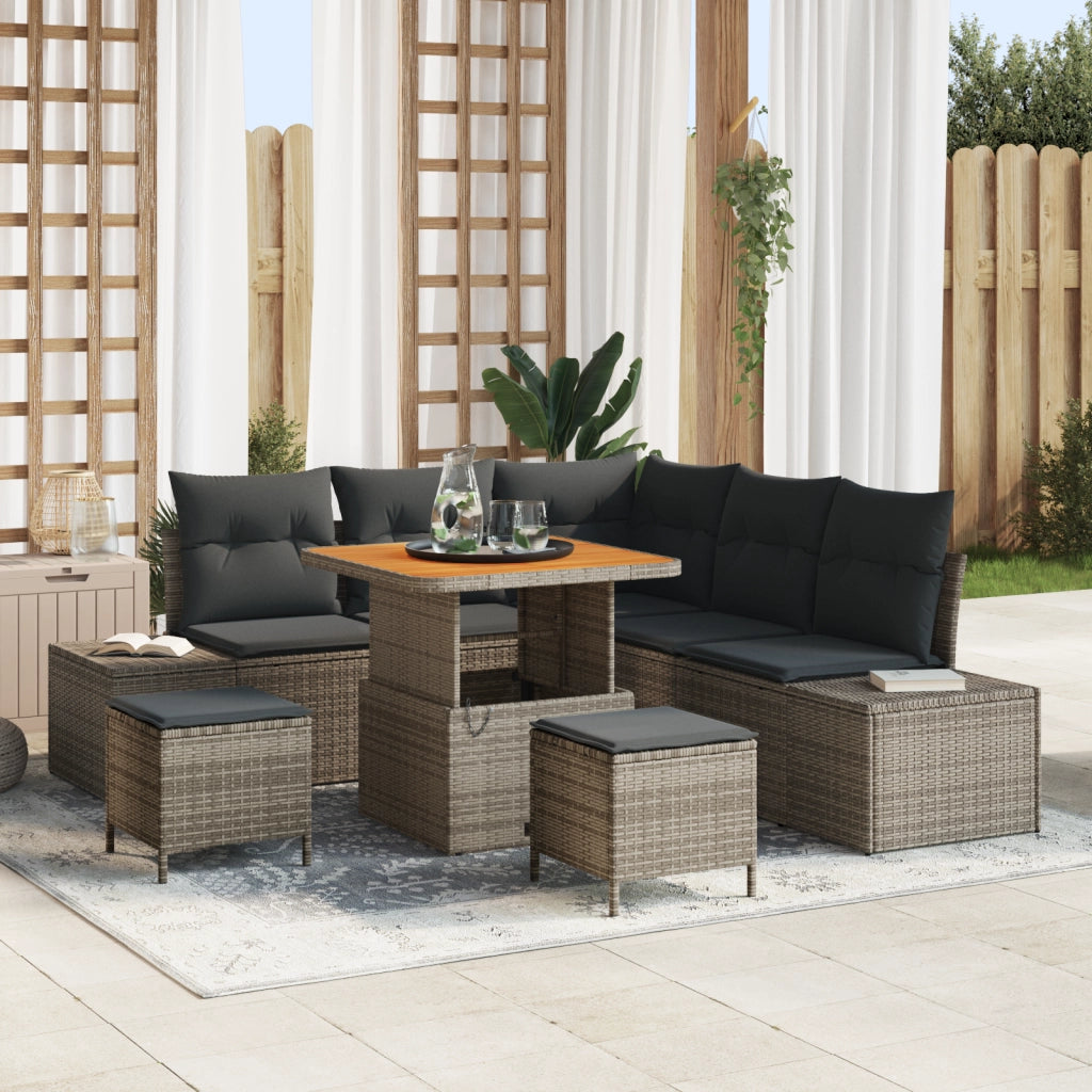 Set di Divani da Giardino da 8 Pezzi con Cuscini Grigio Polyrattan Acacia