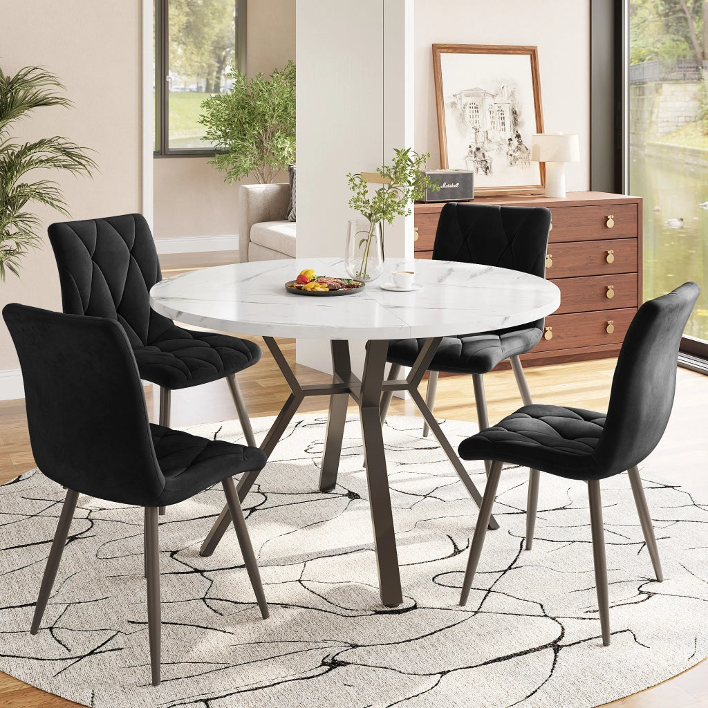 Tavolo da pranzo rotondo per 4 persone con 4 sedie ergonomiche, piano in MDF effetto marmo e base in metallo, nero