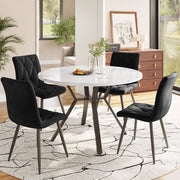 Tavolo da pranzo rotondo per 4 persone con 4 sedie ergonomiche, piano in MDF effetto marmo e base in metallo, nero