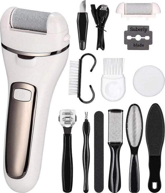 Elettro Eeltverwijderatore - Nagelvijl - Con Accessori - Eeltverwijderatore - Nagelset - 3 Rolli - 2 Velocità - Caricabile via USB - Motore Potente - IPX7 Resistente all'Acqua - Nagelvijl a Piede - Bianco