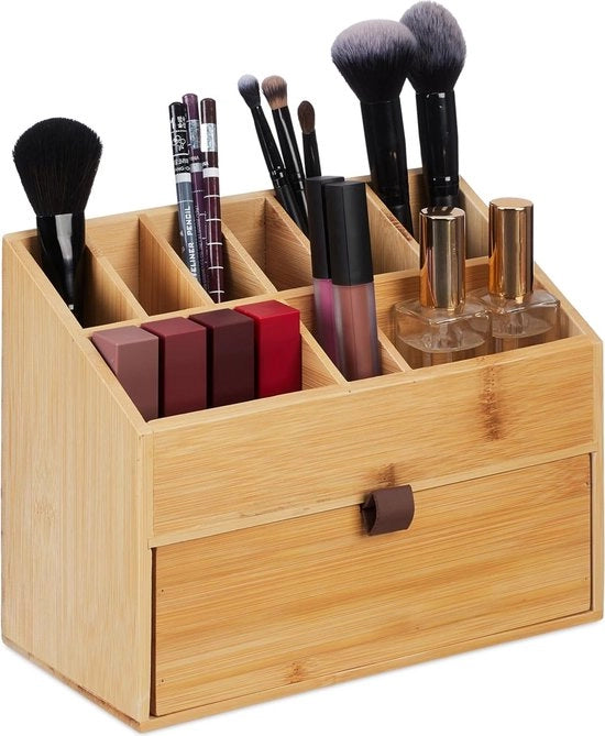 Organizzatore per trucco - organizzatore per scrivania con cassetto - 1 pezzo - bambù - HxBxD: 19 x 25,5 x 12,5 cm