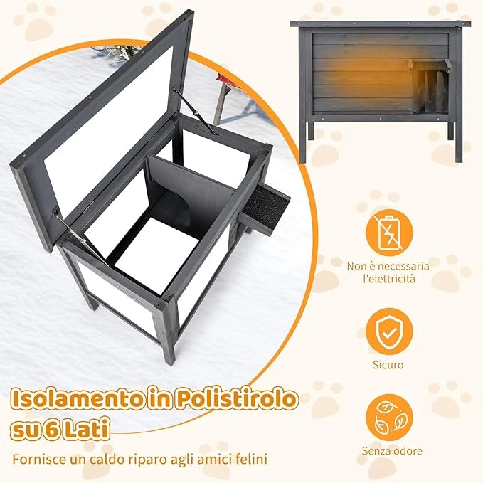 Cuccia Gatto Esterno Inverno 88 x 55 x 71 cm, Casetta Gatti Calda in Legno con Isolamento in Schiuma, Tetto Apribile in Asphalt e Porta, Rifugio termica per Gatti Multipli (Grigio)