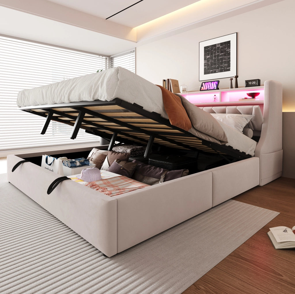 Letto imbottito 180x200 cm con contenitore idraulico, LED e testiera multifunzione