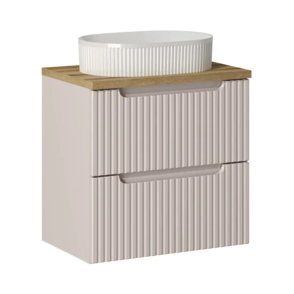 Set VANO in cashmere e quercia 60cm: mobile sottolavabo con cassetti + piano per lavabo + lavabo da appoggio scanalato bianco