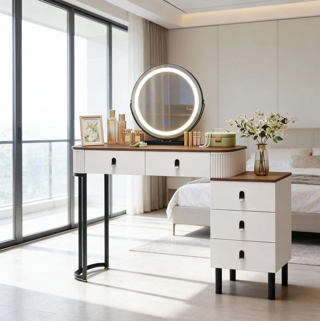 Toeletta 100x40 cm marrone e bianca con specchio LED e 5 cassetti