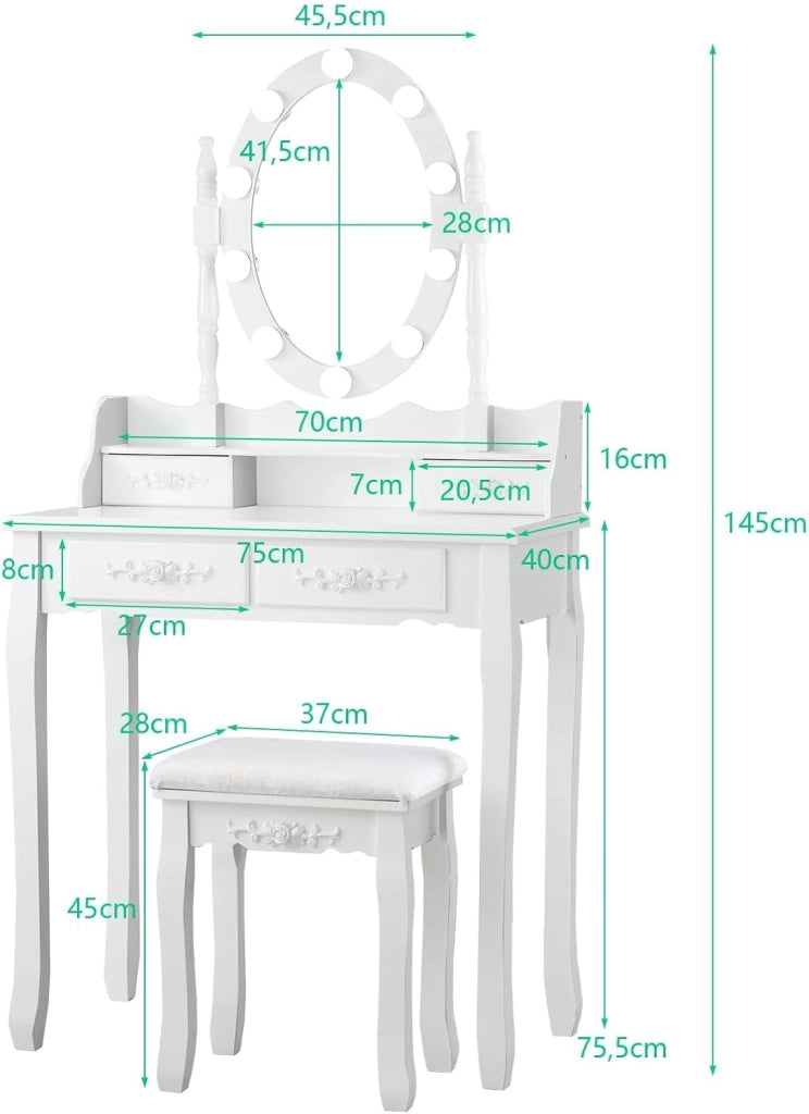 Set Toeletta da Trucco, Illuminata a 10 Lampadine LED, 4 Cassetti per Cosmetici, Specchio Regolabile e Staccabile, Sgabello Imbottito, Moderno ed Elegante, 75x40x145 cm, Bianco