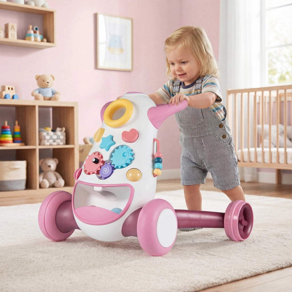 Camminatore montessori musica luci inserimento forme ingranaggi-Camminatore lancio spazio conservazione posteriore bambini Rosa