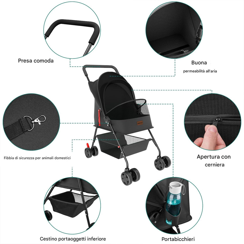 Passeggino per Cani e Gatti Carrozzina Animali Domestici Pieghevole Nero 15kg