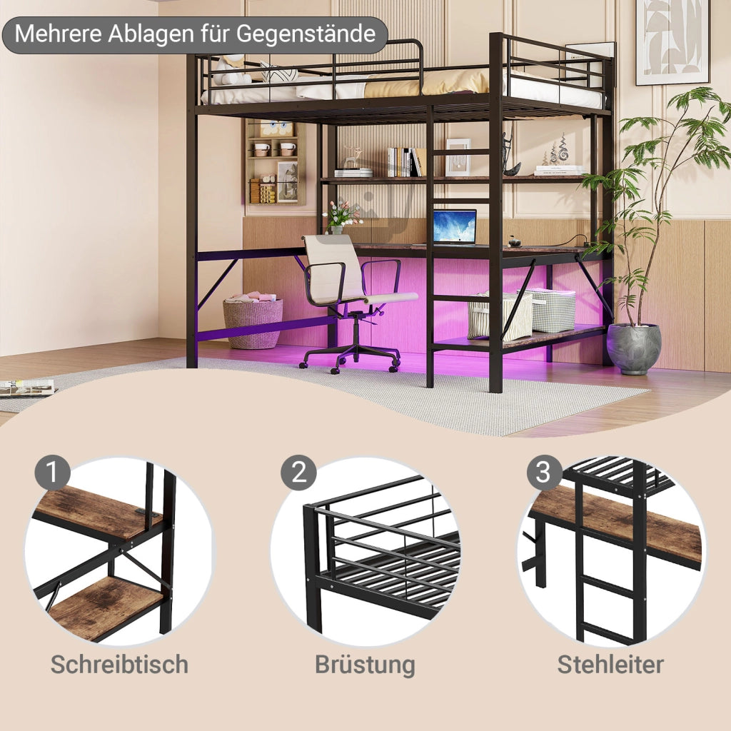 Letto a Soppalco Letto Matrimoniale con USB; Presa; LED; Scrivania e Scaffali 140×200 cm; senza Materasso