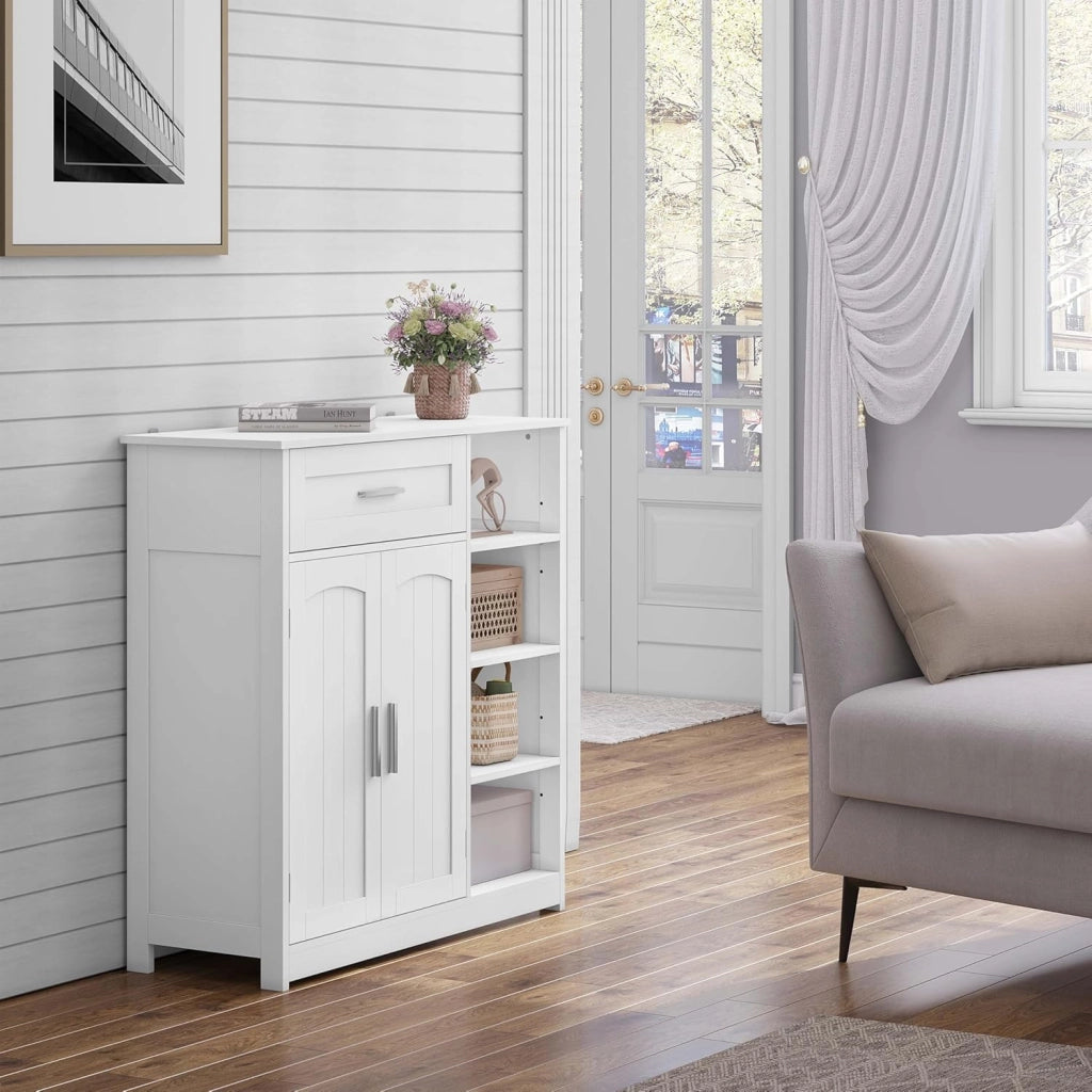 Mobile da Bagno Indipendente con 2 Ante 1 Cassetto 4 Ripiani Aperti, Regolabili in Altezza, Unità di Stoccaggio per Corridoio, Credenza da Cucina, 80x30x80,5 cm, Bianco