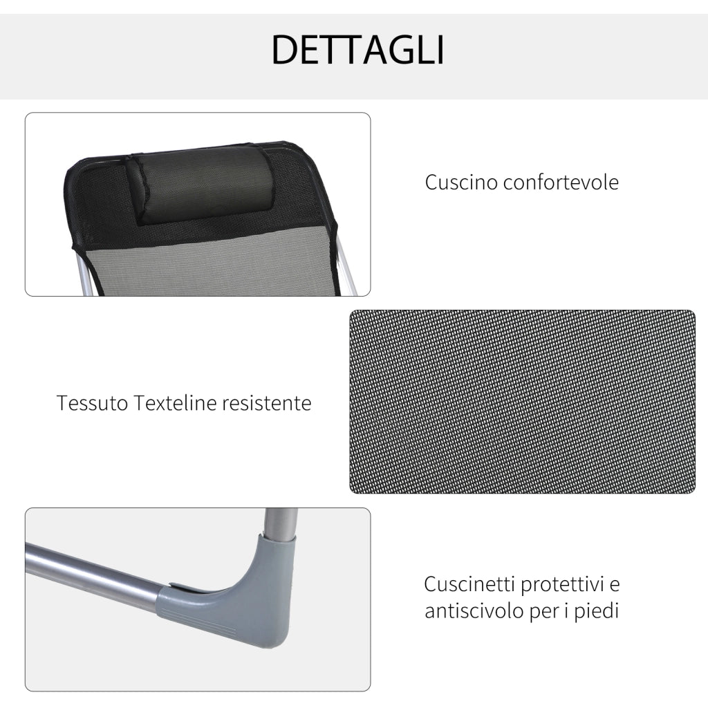 Sdraio da Giardino Pieghevole con Schienale Reclinabile e Cuscino, in Metallo e Texteline, 182x56x28 cm, Nero