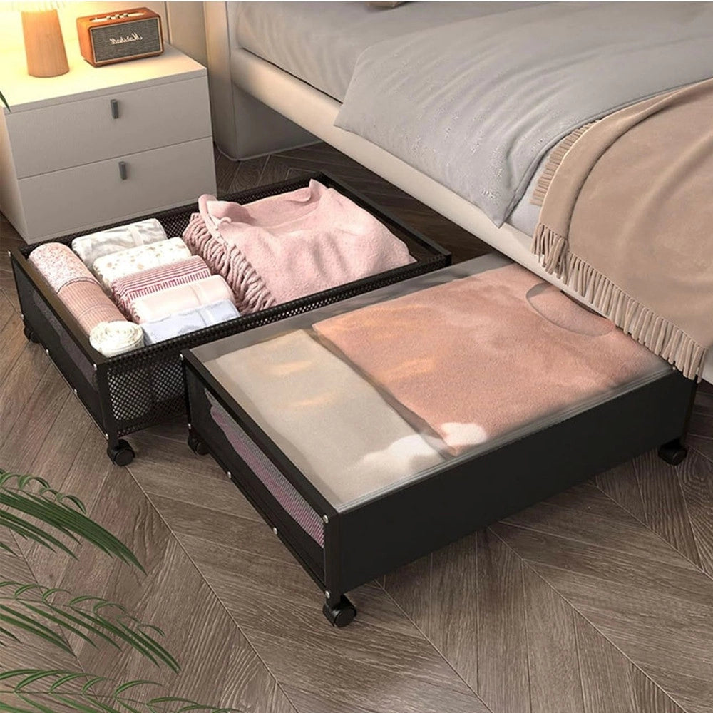 Trade Shop - Contenitore Portaoggetti Sottoletto In Metallo Con Ruote Coperchio Biancheria Salvaspazio -