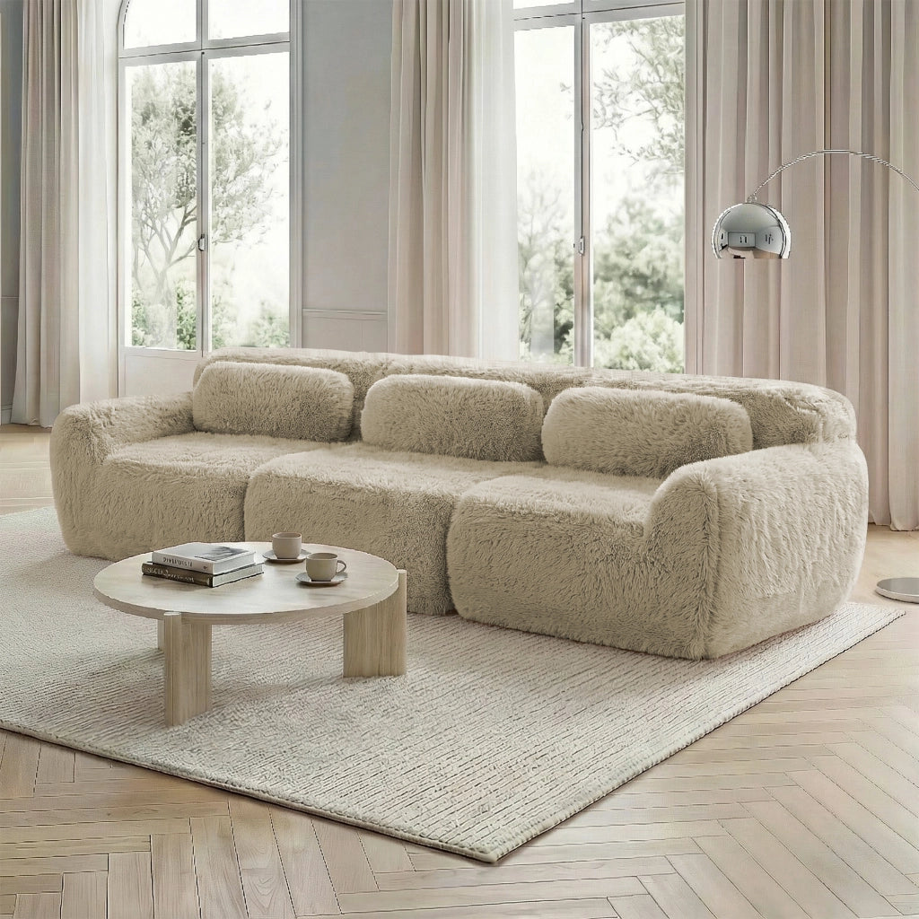 OKWISH Divano Modulare 3 Posti, senza Montaggio con Base Antiscivolo, Cuscini Inclusi, Peluche, Cachi Chiaro